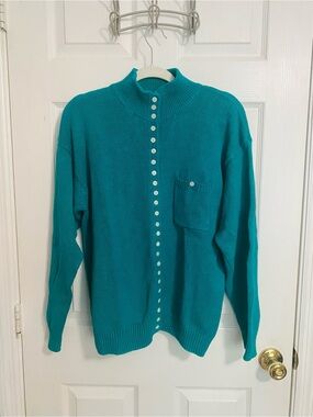 Vintage Teal Button-Front Knit Cardigan Sweater